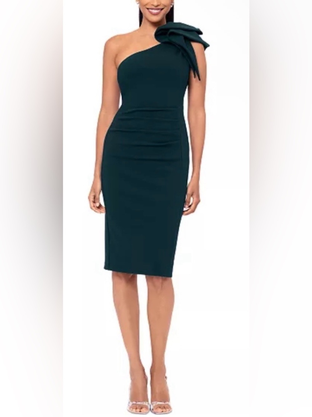 Betsy & Adam Off-Shoulder Hunter Green Midi Cocktail Dress. Size 12.